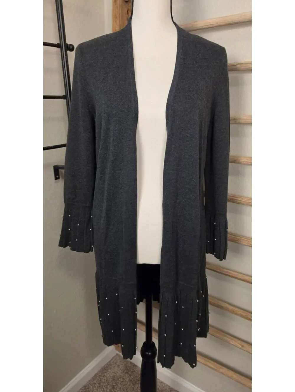 Chico's NWT Charcoal Gray Open Front Cardigan Pearl Pleated Bell Sleeve Sweater